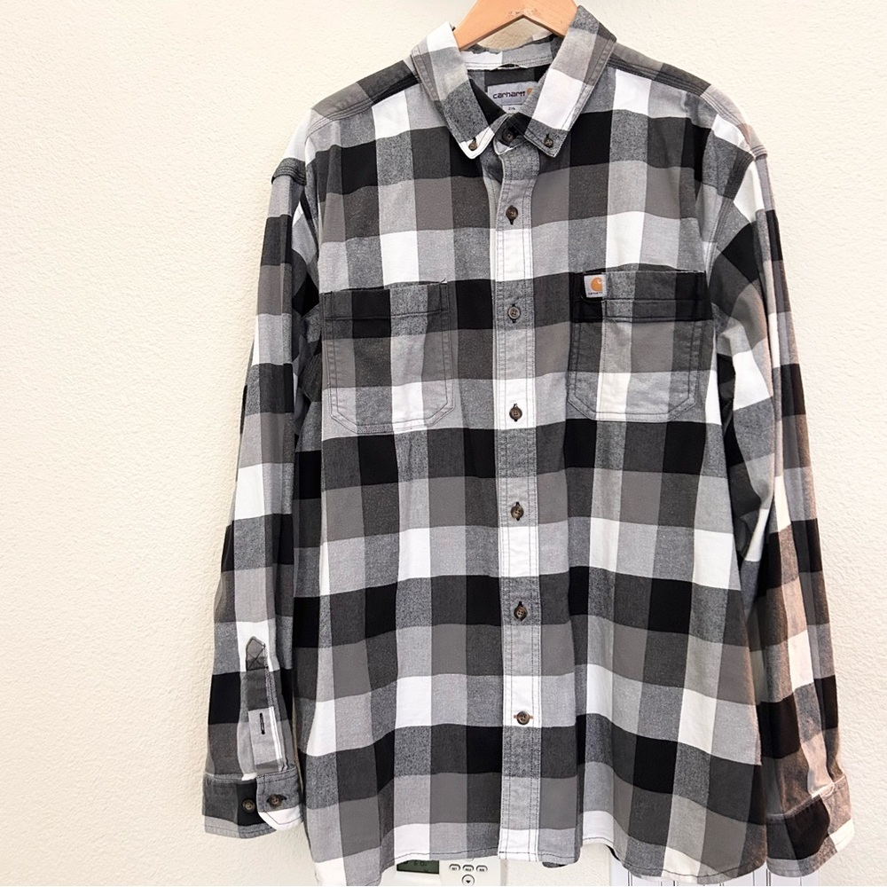 Carhartt Men's Loose Fit Heavyweight Flannel Plaid Shirt black n white 2XL